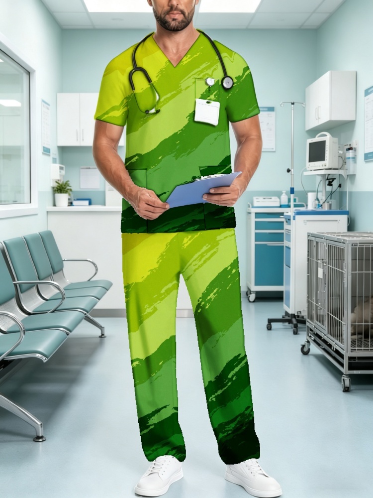 3D Printing For Medical - ชุดยูนิฟอร์มแพทย์ผู้ชายลายพิมพ์ลดราคาพิเศษ มีกระเป๋าหลายช่อง ผ้าสเตรช ชุดทำงานด้านการแพทย์ สีเขียวไล่เฉด