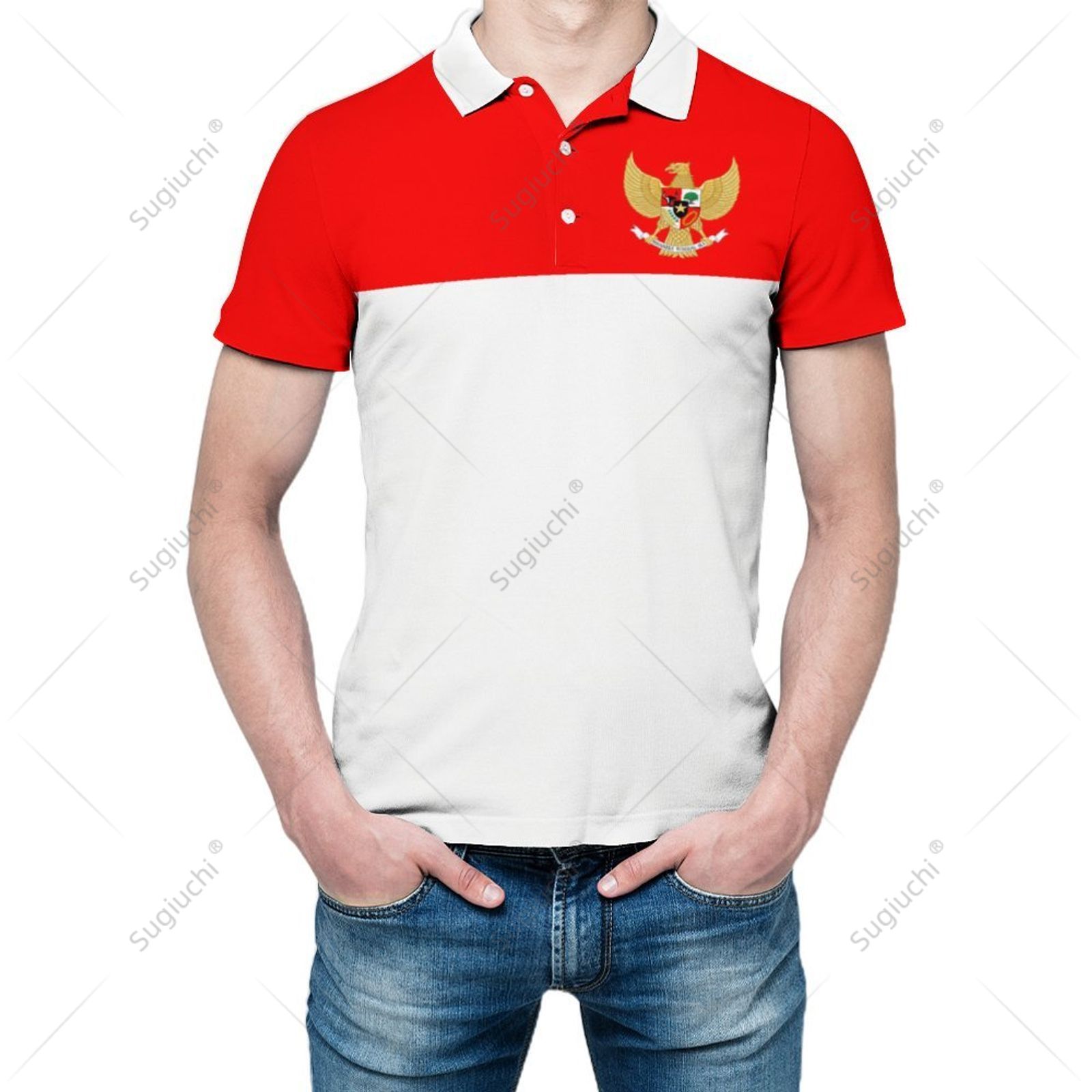 3D Printing Indonesia - เสื้อโปโลยูนิเซ็กซ์ ลายธงชาติอินโดนีเซีย พิมพ์ลาย 3 มิติ เสื้อโปโลแฟชั่นชาย