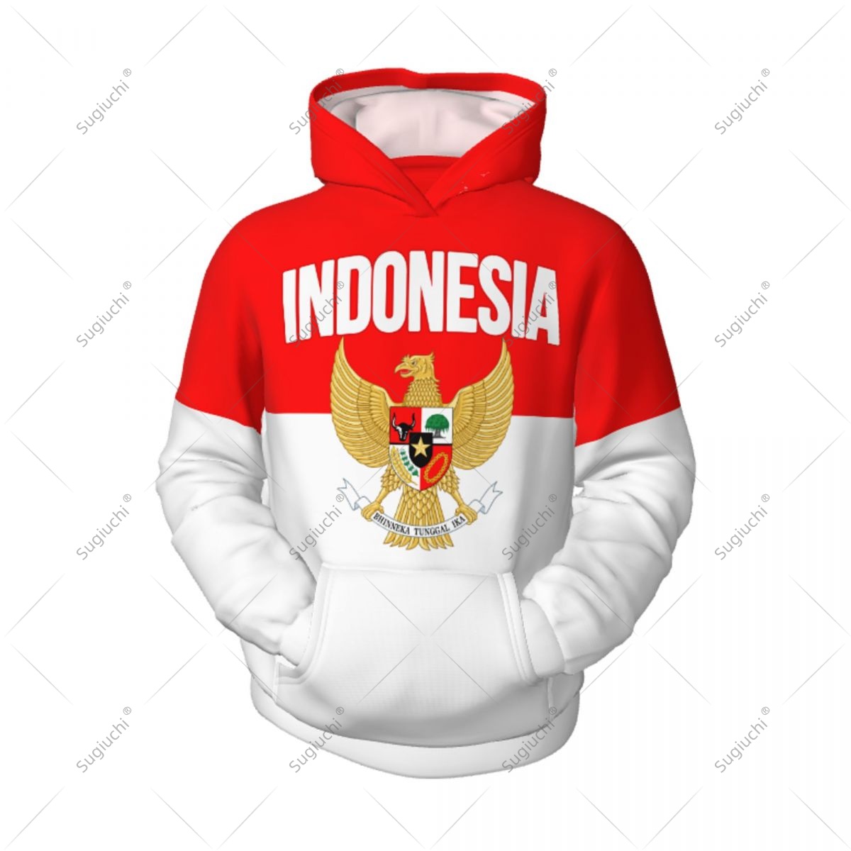 3D Printing Indonesia - เสื้อฮู้ด 3D สำหรับเด็กผู้ชายและเด็กผู้หญิง ลายธงชาติอินโดนีเซีย เสื้อกันหนาวมีฮู้ด โพลีเอสเตอร์