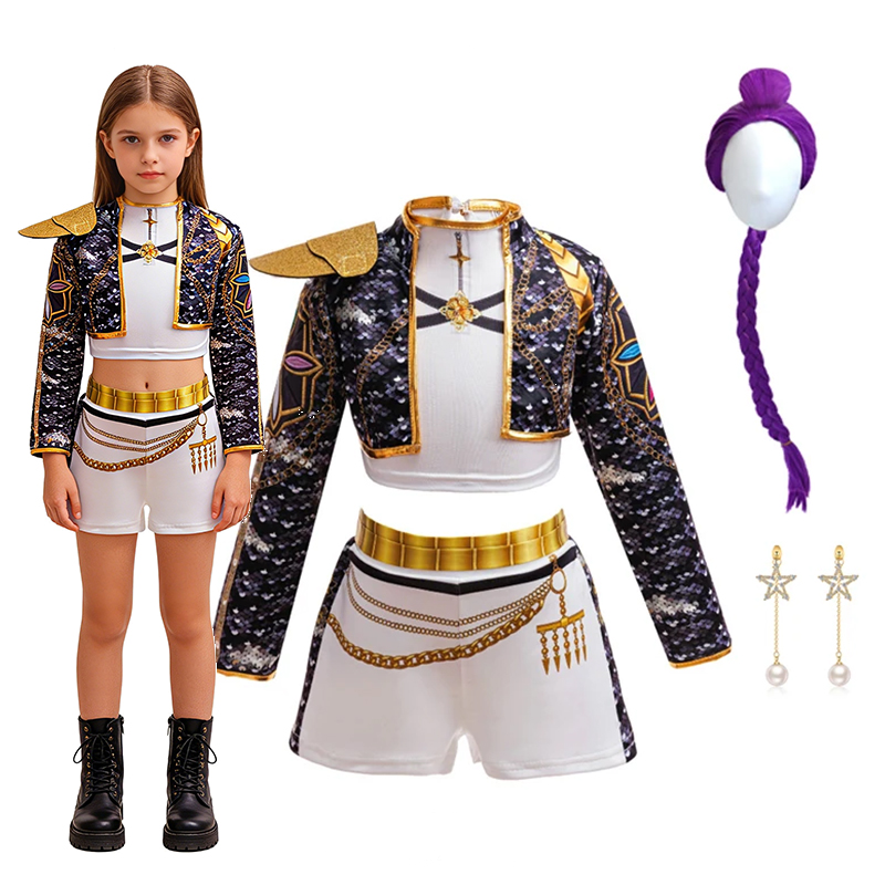 3D Printing Gold - ชุดเสื้อแจ็คเก็ตครอปพิมพ์ลาย 3D สีทองพร้อมกางเกงขาสั้นสีขาวสำหรับสาวๆ สไตล์ฮิปฮอป พร้อมวิกผม ต่างหู