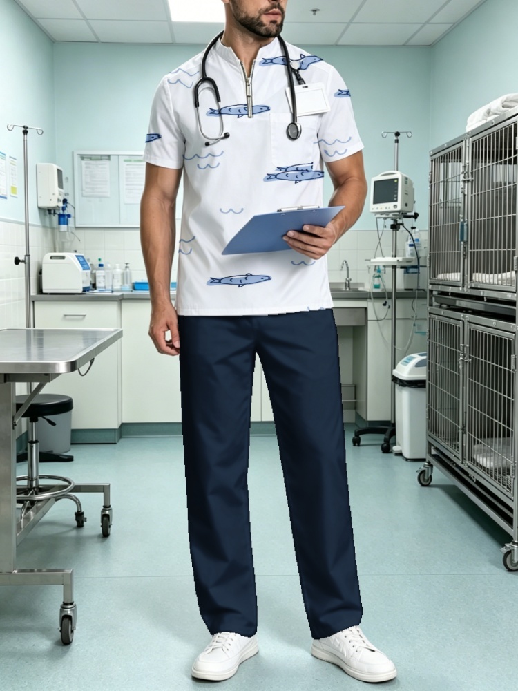 3D Printing For Medical - ชุดยูนิฟอร์มแพทย์พยาบาลลายปลาทะเลน่ารักสำหรับผู้ชาย แขนสั้น คอซิป ชุดทำงานสัตวแพทย์ ใส่สบาย